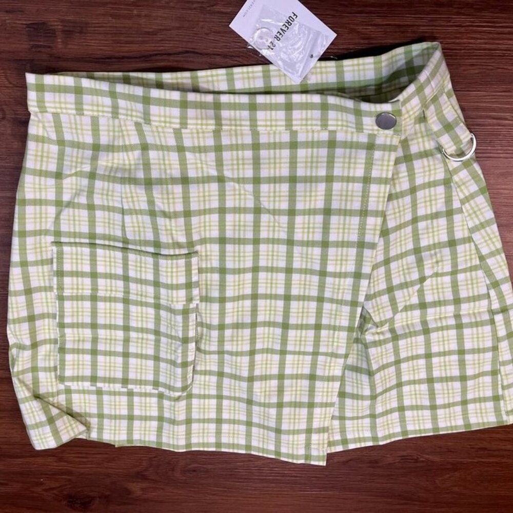 Forever 21 Women’s Avocado Green Plaid Mini Skirt Wrap Style With Pocket  M NWT - Picture 4 of 11